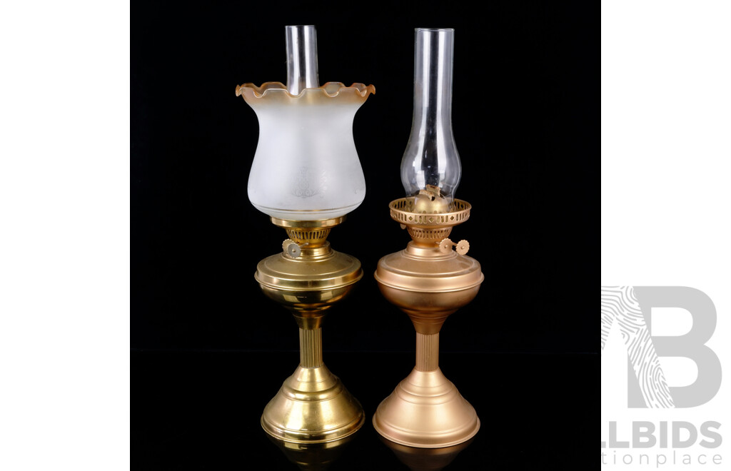 Pair Antique Style Brass Oil Lamp Bases One with Glass Shade and Flue, the Other with No Glass Shade