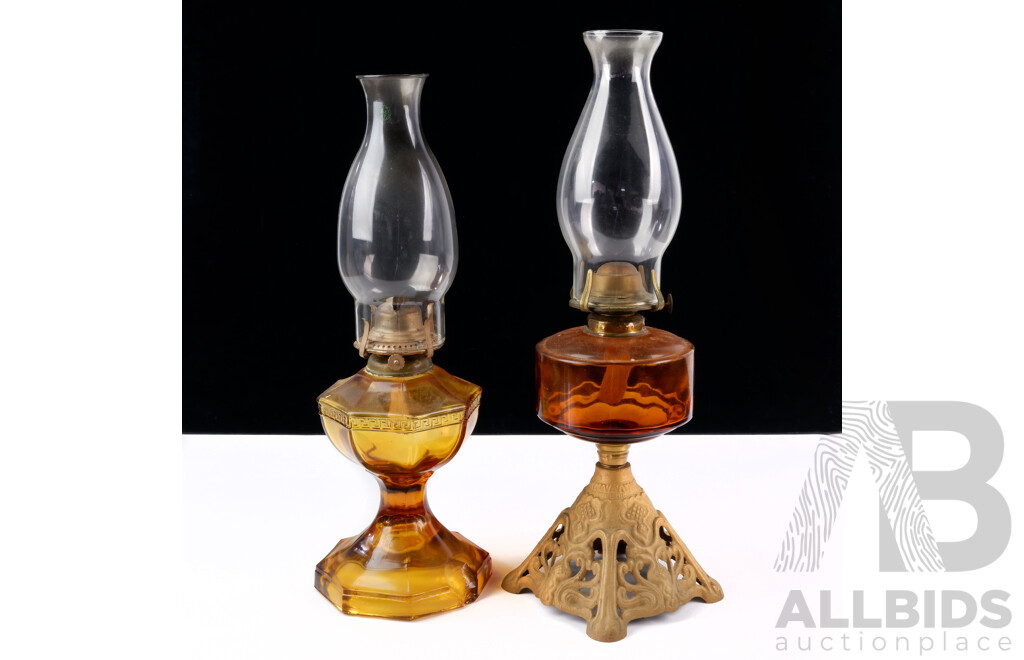 Pair Vintage Amber Glass Fronted Oil Lamp Bases One with Cast Iron Base