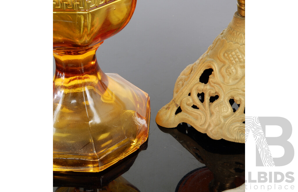 Pair Vintage Amber Glass Fronted Oil Lamp Bases One with Cast Iron Base