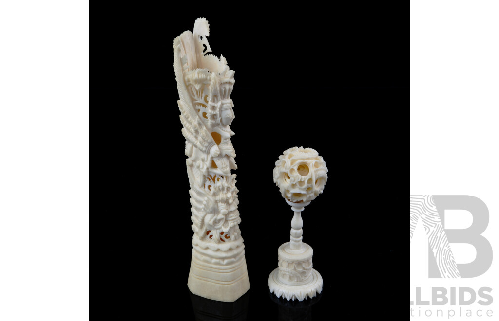 Hand Carved Asian Four Layer Ivory Puzzle Ball on Stand Along with Carved Bone Figure