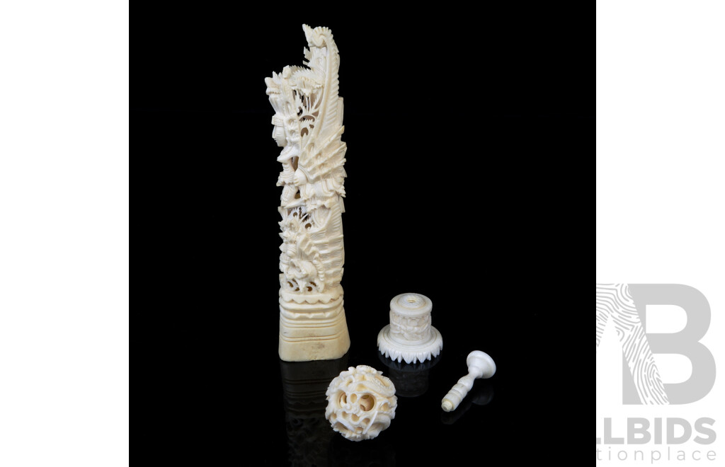 Hand Carved Asian Four Layer Ivory Puzzle Ball on Stand Along with Carved Bone Figure