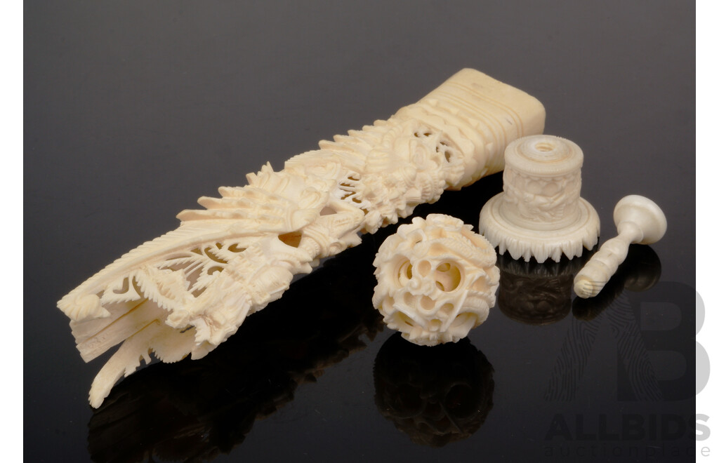 Hand Carved Asian Four Layer Ivory Puzzle Ball on Stand Along with Carved Bone Figure