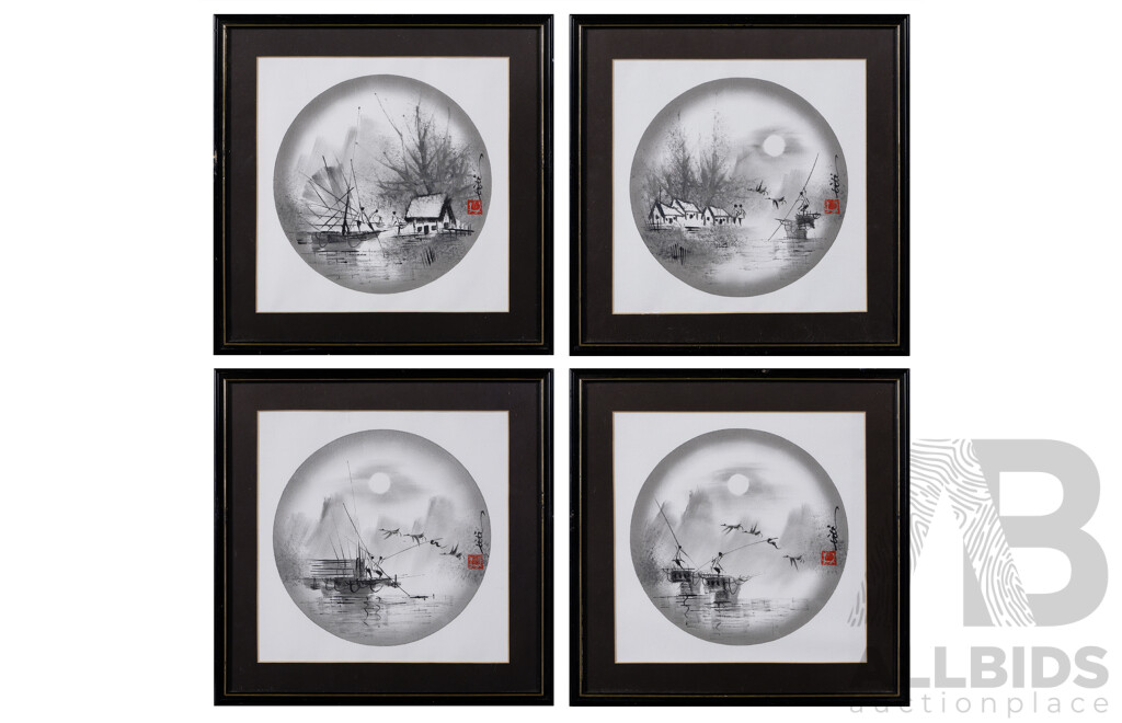 Titi Kwok (Also Known as Kwok Yong Chee, Macau, Birthdate Unknown), Collection of Four Fishing Villages Junks on the Water, Chinese Ink Brush Painting on Canvas, 32 x 32 cm (frames) (4)