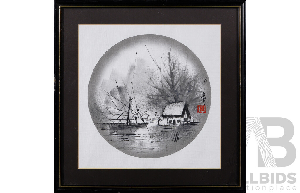 Titi Kwok (Also Known as Kwok Yong Chee, Macau, Birthdate Unknown), Collection of Four Fishing Villages Junks on the Water, Chinese Ink Brush Painting on Canvas, 32 x 32 cm (frames) (4)