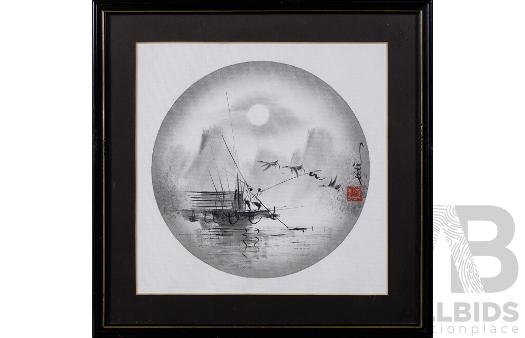 Titi Kwok (Also Known as Kwok Yong Chee, Macau, Birthdate Unknown), Collection of Four Fishing Villages Junks on the Water, Chinese Ink Brush Painting on Canvas, 32 x 32 cm (frames) (4)