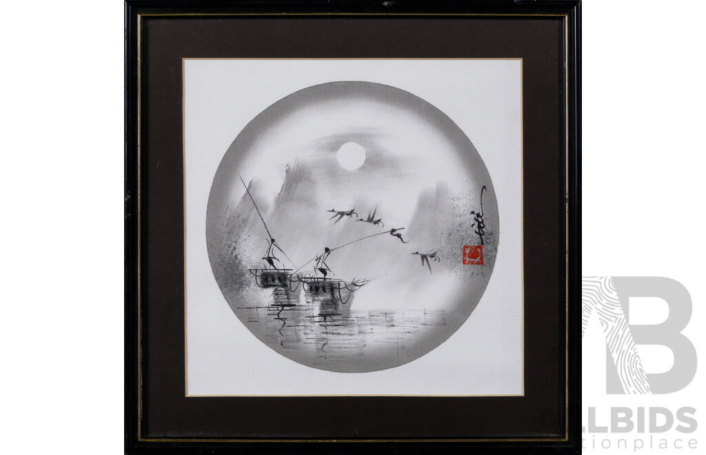 Titi Kwok (Also Known as Kwok Yong Chee, Macau, Birthdate Unknown), Collection of Four Fishing Villages Junks on the Water, Chinese Ink Brush Painting on Canvas, 32 x 32 cm (frames) (4)