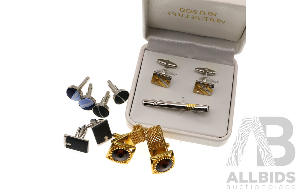 Boston Collection Two Tone Cuff Links & Tie Bar Set with (4) Other Pairs of Vintage Cuff Links