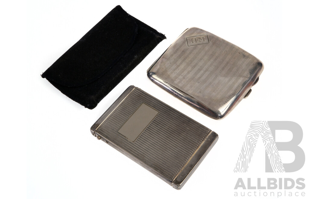 Vintage Sterling Silver Cigarette Case, Chester 1927 Along with Silver Plate Calling Card Case