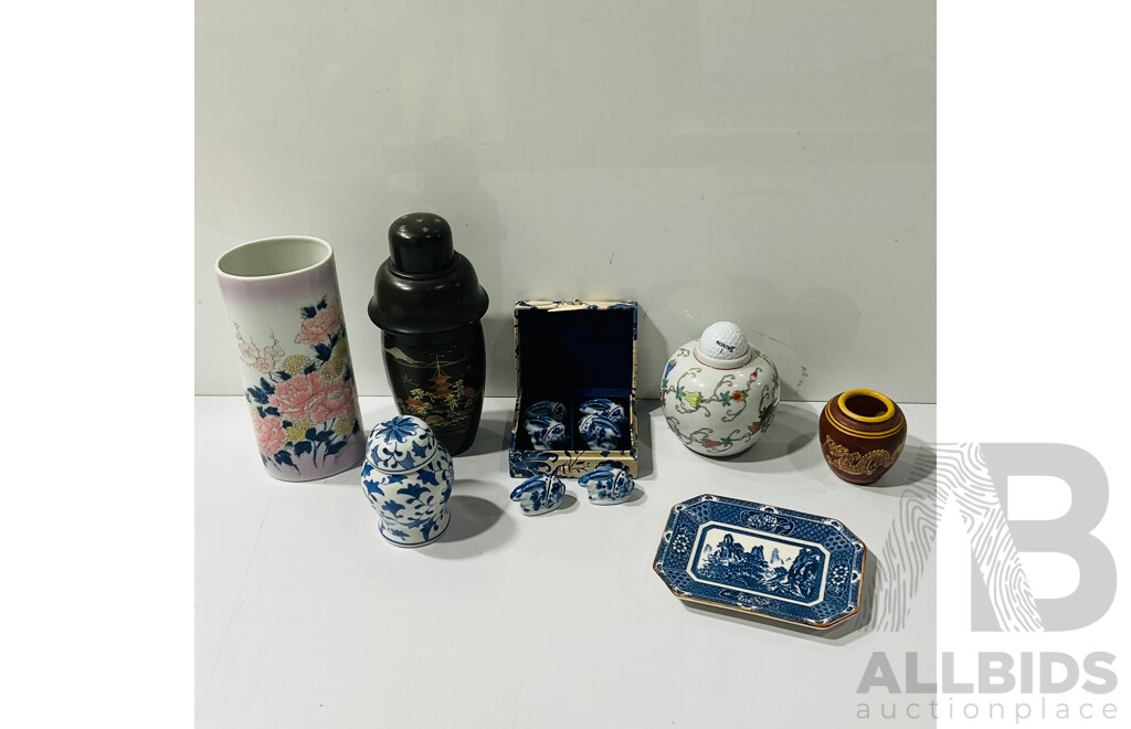 Collection Asian Ceramics Including Japanese Lacquer Lidded Cocktail Shaker and More