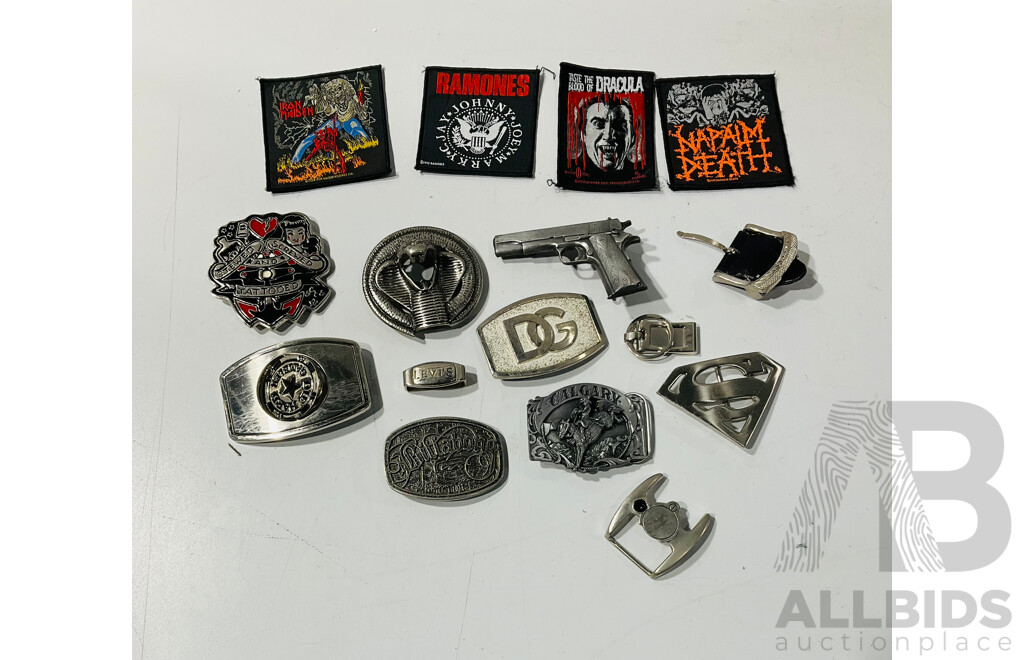 Collection Retro 1990s Heavy Meatal & Punk Cloth Patches Along with Collection Belt Buckles