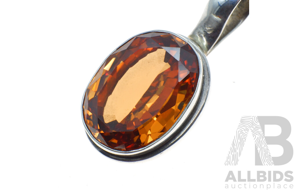 Sterling Silver Mandarin Citrine Pendant with Generous Bale, 42mm Long, 21.57 Grams