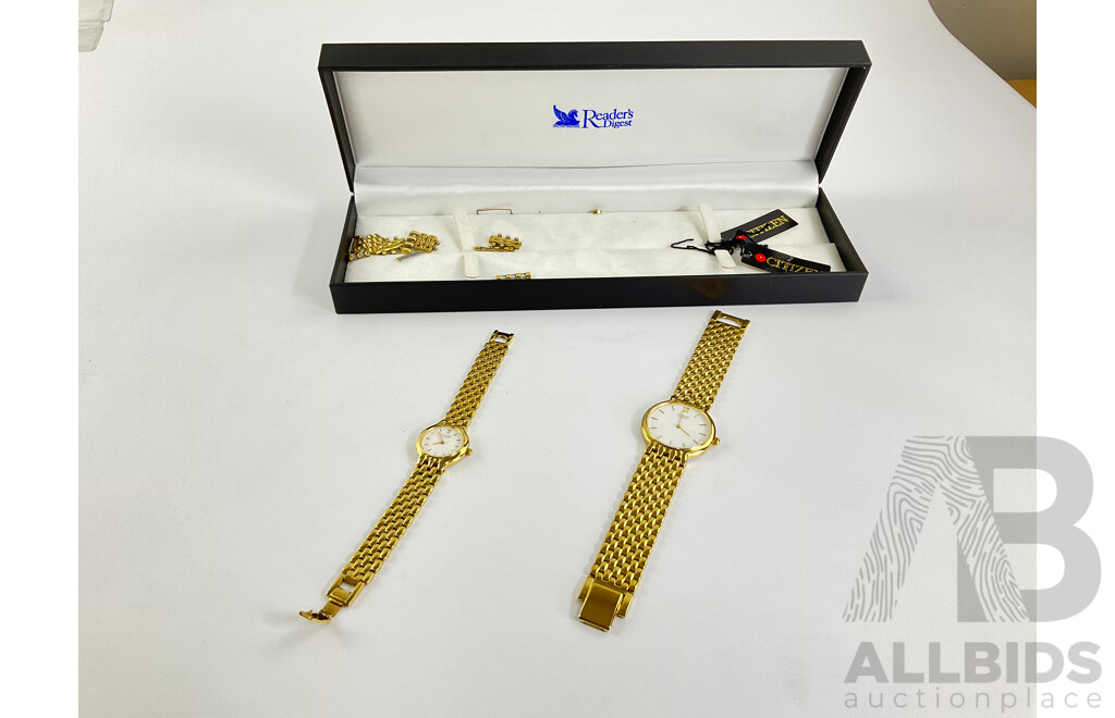 Citizen 'Reader's Digest' Released Ladies & Mens Gift Set of Gold Tone Watches 1020-S54554 & 1020-S54562