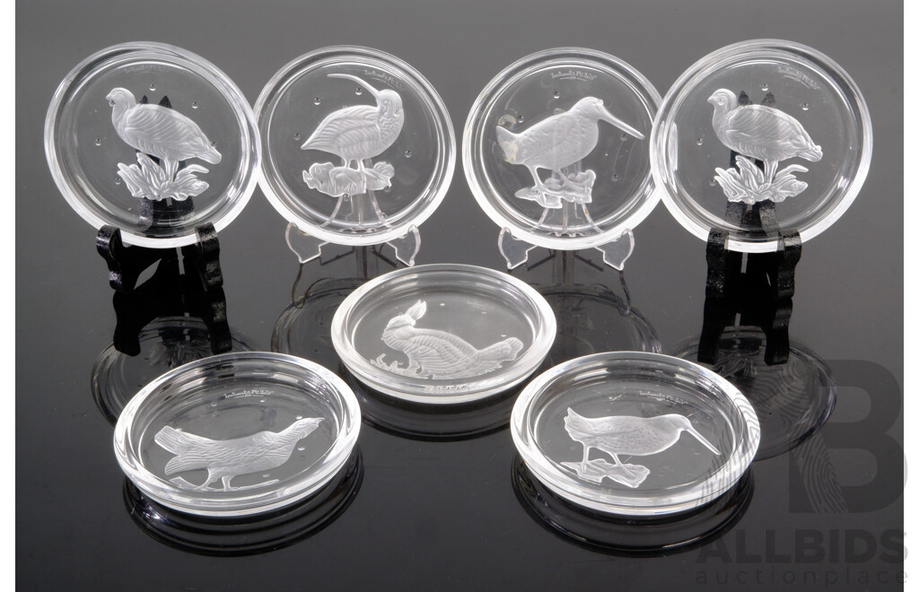 Set Seven Vintage Continental Val St Lambert Glass Coasters with Avian Motifs