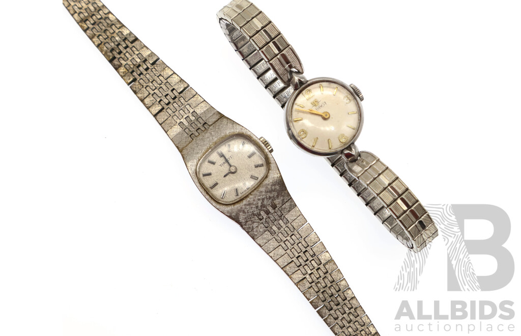 Tissot (2) Vintage Ladies Silver Tone Dress Watches, Manual Winding Both with Ticking Observed