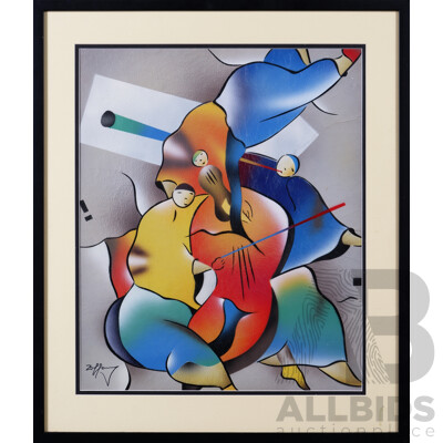 After David Schluss (20th Century, Israeli, 1943-),Trio with Cello, Abstract Mixed Media, Reproduction Inspired by Original, 74 x 63 cm (frame)