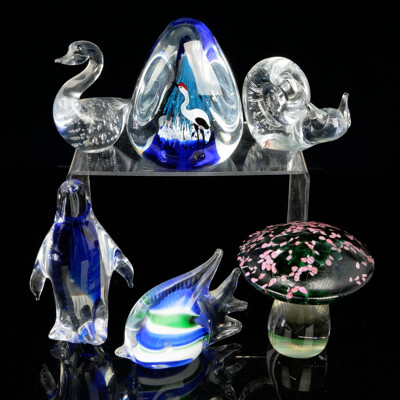 Collection Art Glass Including Penguin Figure, Mushroom, Paperweight and More