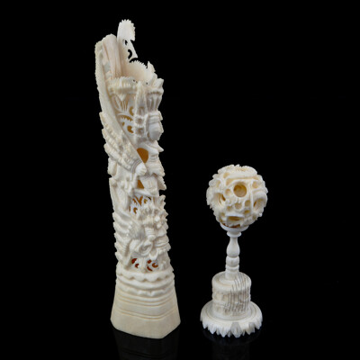 Hand Carved Asian Four Layer Ivory Puzzle Ball on Stand Along with Carved Bone Figure