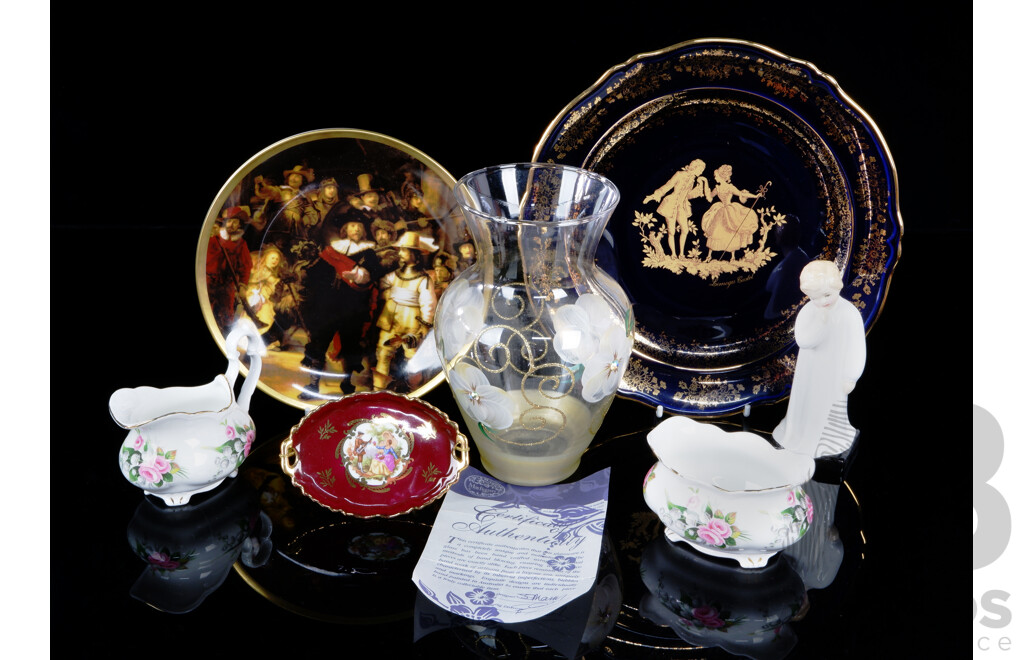 Collection Items Including Royal Albert Creamer and Sugar Dish, Two French Limoges Display Plates, Royal Doulton Porcelain Figure, Hand Blown Australian Art Glass Vase by Madiggan Glass and More