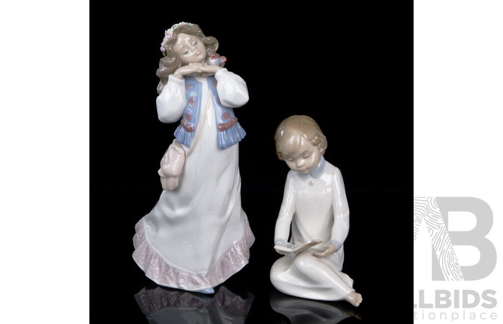 Two Hand Made & Decorated Spanish Nao Porcelain Figures Comprising Child with Book and Young Maiden with Bird