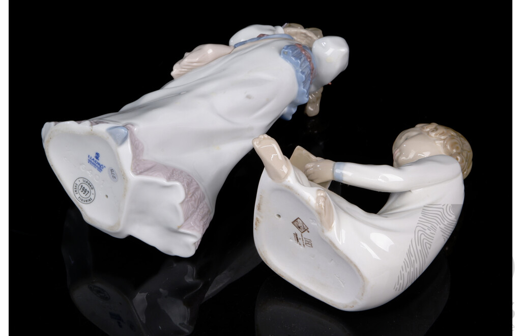 Two Hand Made & Decorated Spanish Nao Porcelain Figures Comprising Child with Book and Young Maiden with Bird