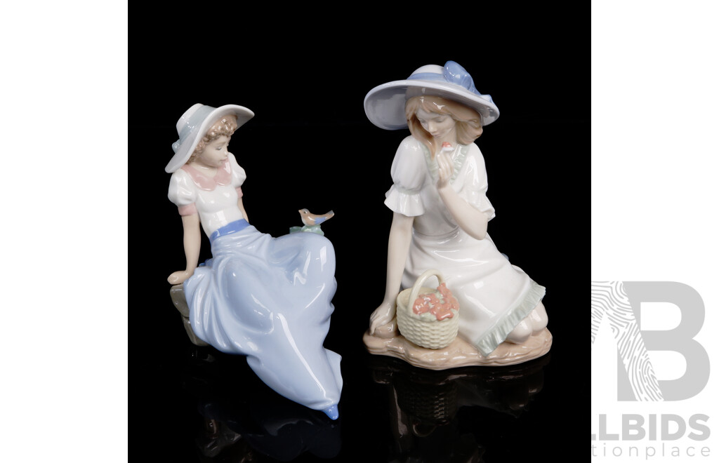 Two Hand Made & Decorated Spanish Nao Porcelain Figures Comprising Reclining Young Maiden with Bird & Seated Girl with Flower Basket