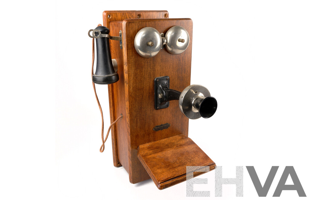 Antique American Oak Montgomery Ward Wall Mounted Two Piece Telephone with Internals Intact, Bakelite Earpiece, Retro Fitted
