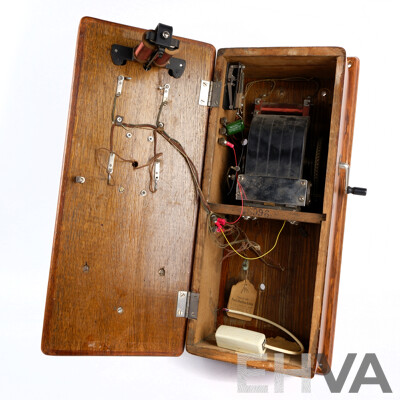 Antique American Oak Montgomery Ward Wall Mounted Two Piece Telephone with Internals Intact, Bakelite Earpiece, Retro Fitted