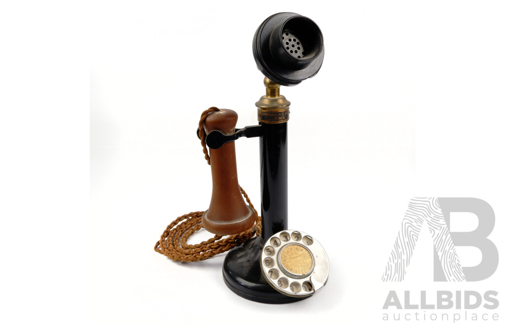 Antique Commonwealth of Australian PMG Rotary Dial Brass & Bakelite Candlestick Telephone, Made in England, with Original Wiring