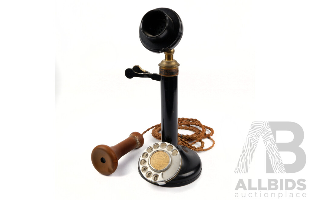 Antique Commonwealth of Australian PMG Rotary Dial Brass & Bakelite Candlestick Telephone, Made in England, with Original Wiring