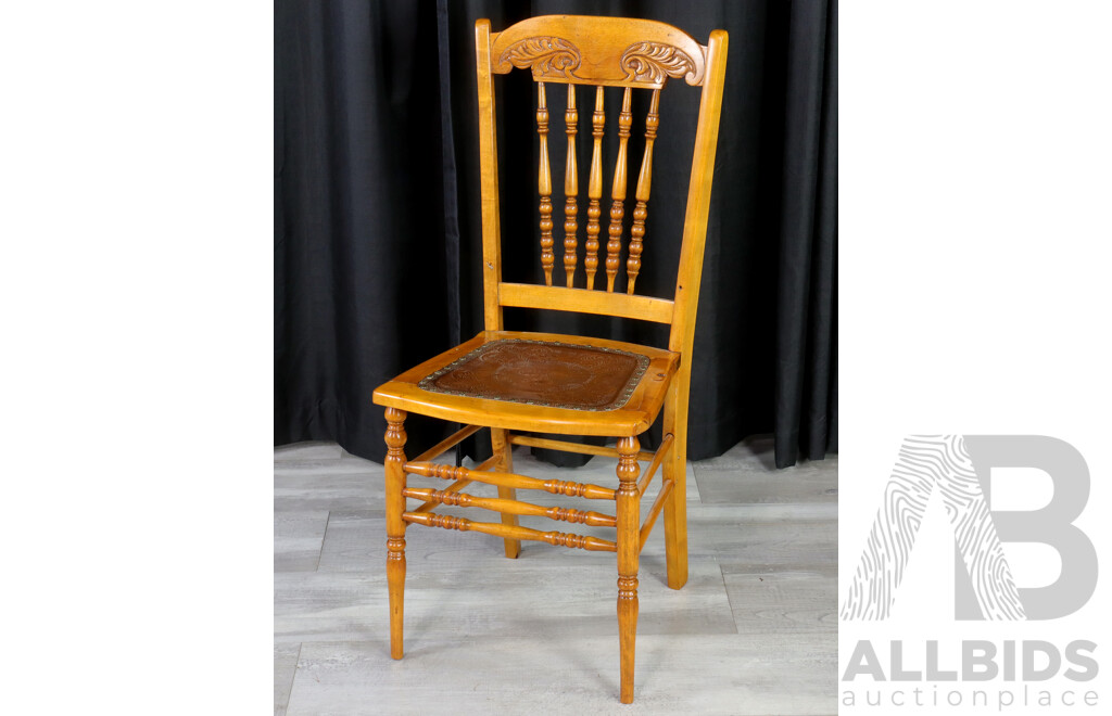 Pine Spindle Back Dining Chair with Embossed Leather Seat