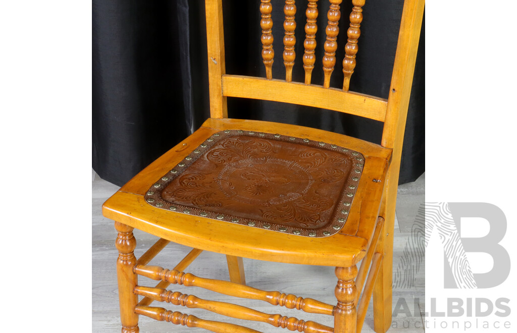 Pine Spindle Back Dining Chair with Embossed Leather Seat