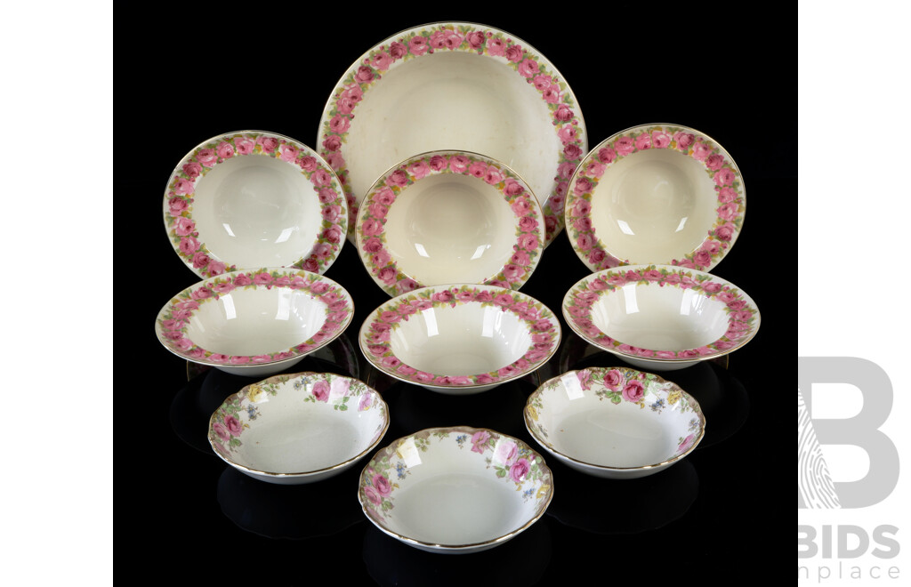 Vintage Royal Doulton Seven Piece Dessert Set Along with Three Other Royal Doulton Bowls in English Rose Pattern