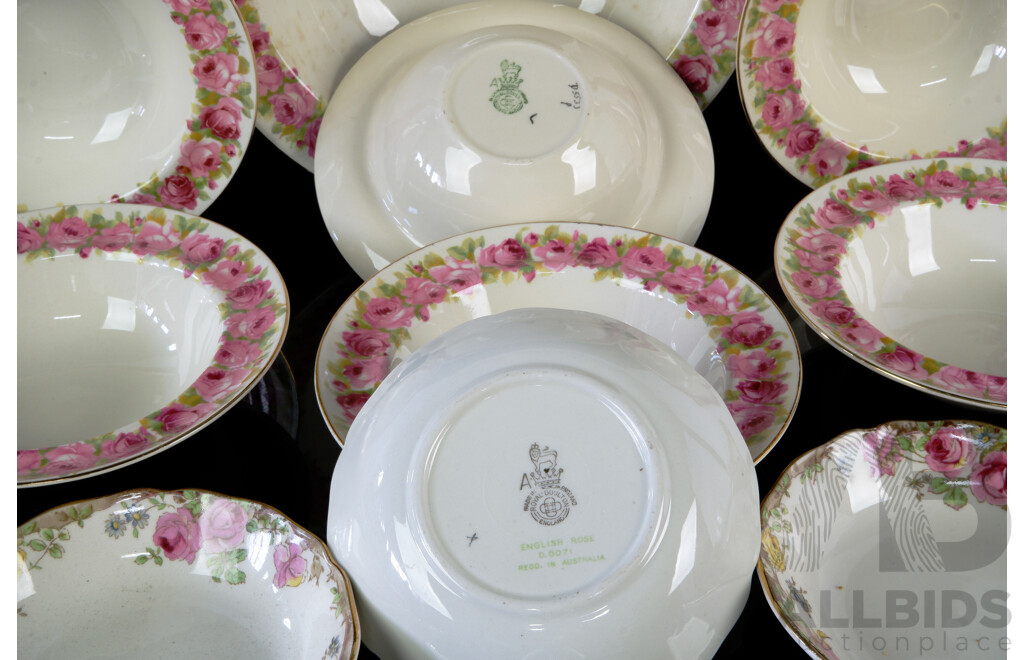 Vintage Royal Doulton Seven Piece Dessert Set Along with Three Other Royal Doulton Bowls in English Rose Pattern