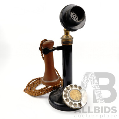 Antique Commonwealth of Australian PMG Rotary Dial Brass & Bakelite Candlestick Telephone, Made in England, with Original Wiring