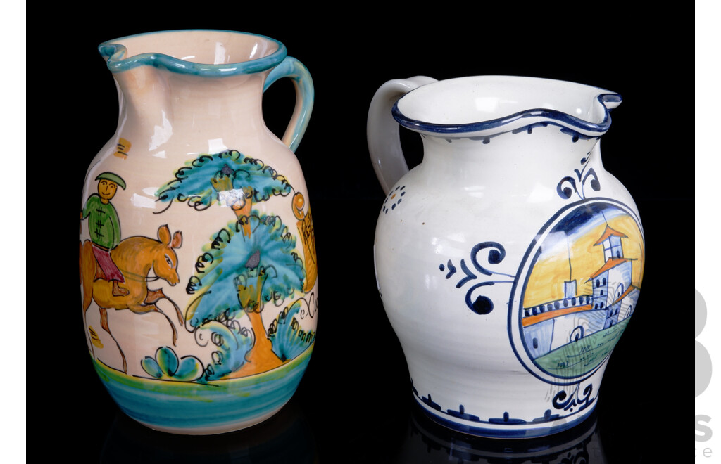 Two Hand Painted Spanish & Italian Souvenir Ware Ceramic Jugs