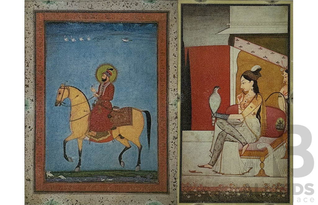 Cash's of Coventry Prints of the Original Indian Miniature Paintings in the V & A Museum, London, The Lady with the Hawk, (Guler, c1750) and the Emperor Farrukhsiyar on Horseback. (^The Clive Album, Mughal, c1640), 44 x 33 cm and 49 x 27.5 cm