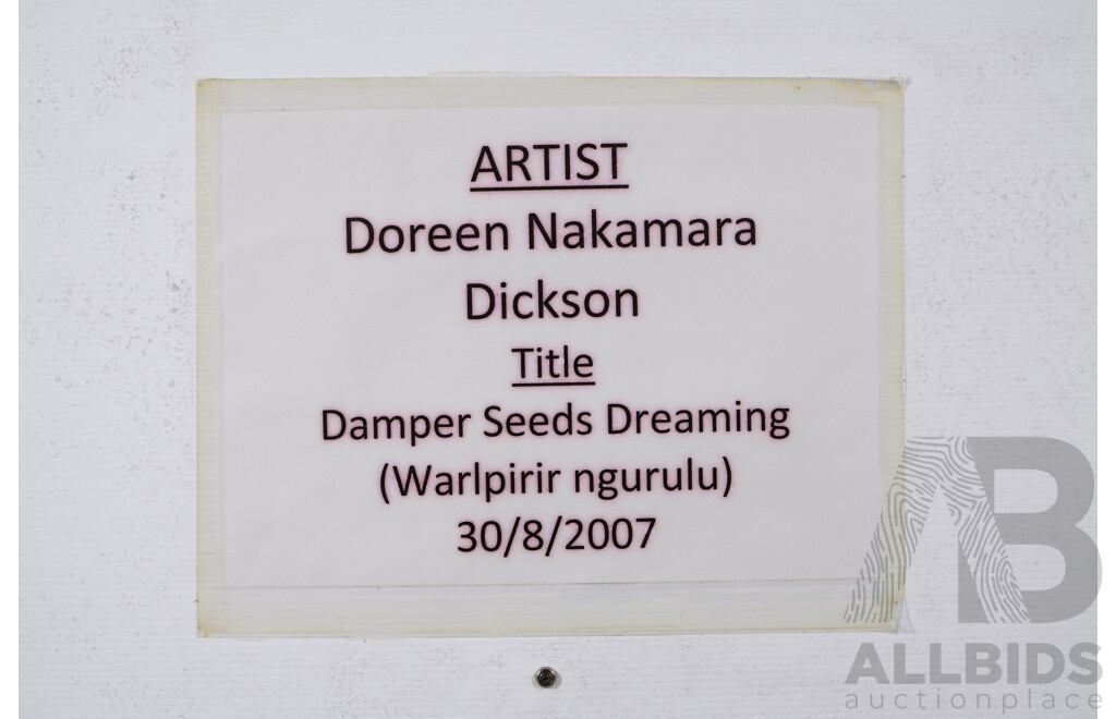 Doreen Dickson Nakamarra, (20th Century, Indigenous-Australian, 1956-), Damper Seeds Dreaming [Warlpirir Ngurulu], Synthetic Polymer on Canvas, 148 x 89 cm