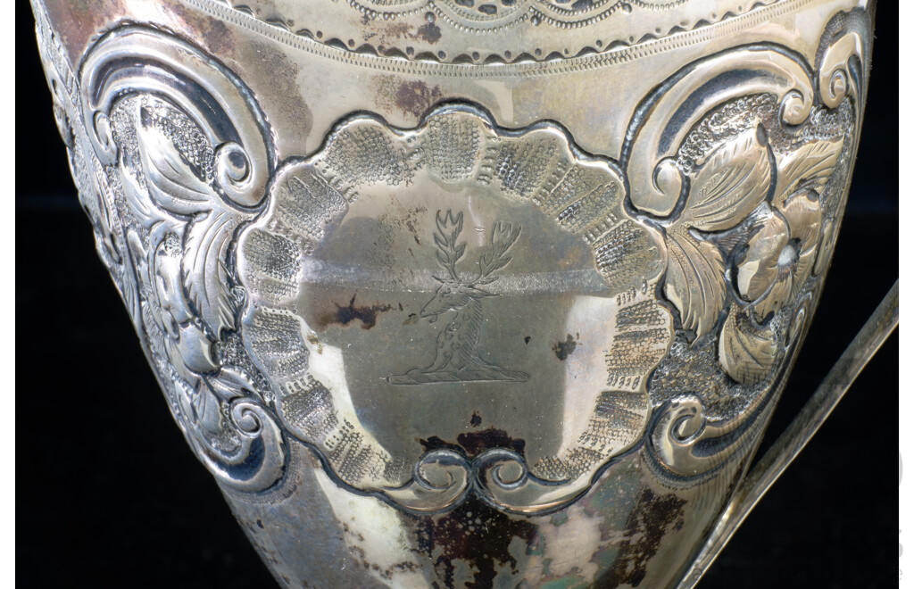 Antique Irish Sterling Silver Trophy Jug with Heavily Repoussed Detail and Engraved Dedication Dated 1845, Dublin 1790, Matthew West