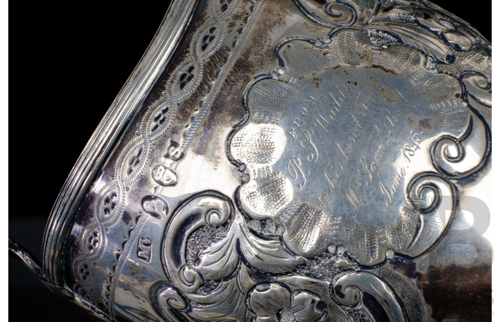 Antique Irish Sterling Silver Trophy Jug with Heavily Repoussed Detail and Engraved Dedication Dated 1845, Dublin 1790, Matthew West