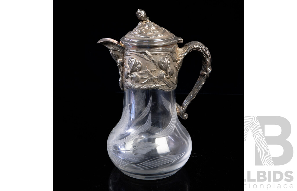 Vintage Engraved Glass Water Lidded Pitcher with Metal Collar, Handle and Finial in the Art Nouveau Style