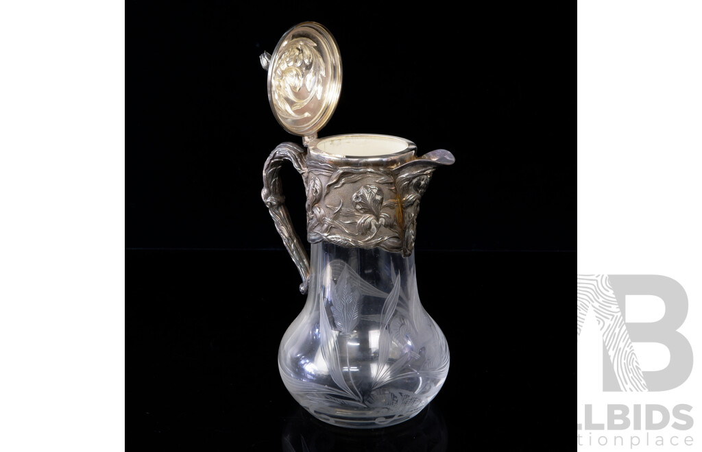 Vintage Engraved Glass Water Lidded Pitcher with Metal Collar, Handle and Finial in the Art Nouveau Style