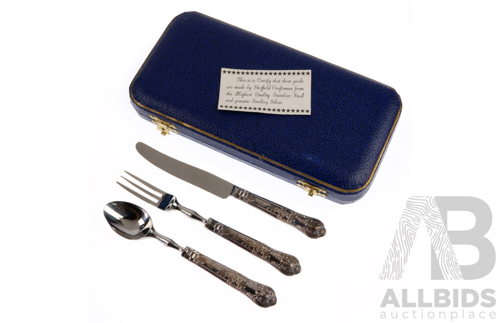 Vintage Whitehill & Co Three Piece Flatware Set with Sterling Silver Handles in Original Case, Sheffield 1980