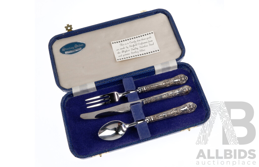 Vintage Whitehill & Co Three Piece Flatware Set with Sterling Silver Handles in Original Case, Sheffield 1980