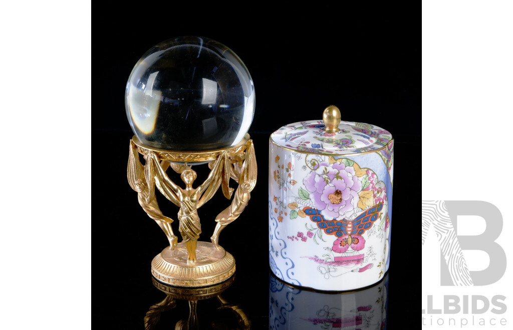 Retro Wedgwood Lidded Canister in Butterfly Bloom Pattern Along with Glass Crystal Ball on Metal Stand