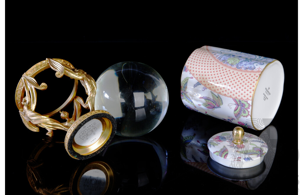 Retro Wedgwood Lidded Canister in Butterfly Bloom Pattern Along with Glass Crystal Ball on Metal Stand