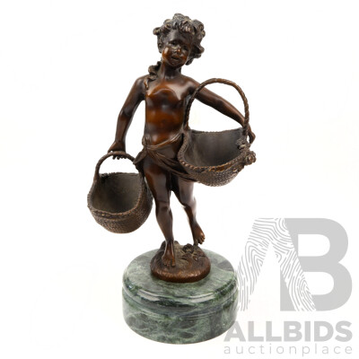 Bronze Youthful Figure with Twin Baskets on Green Marble Soccle