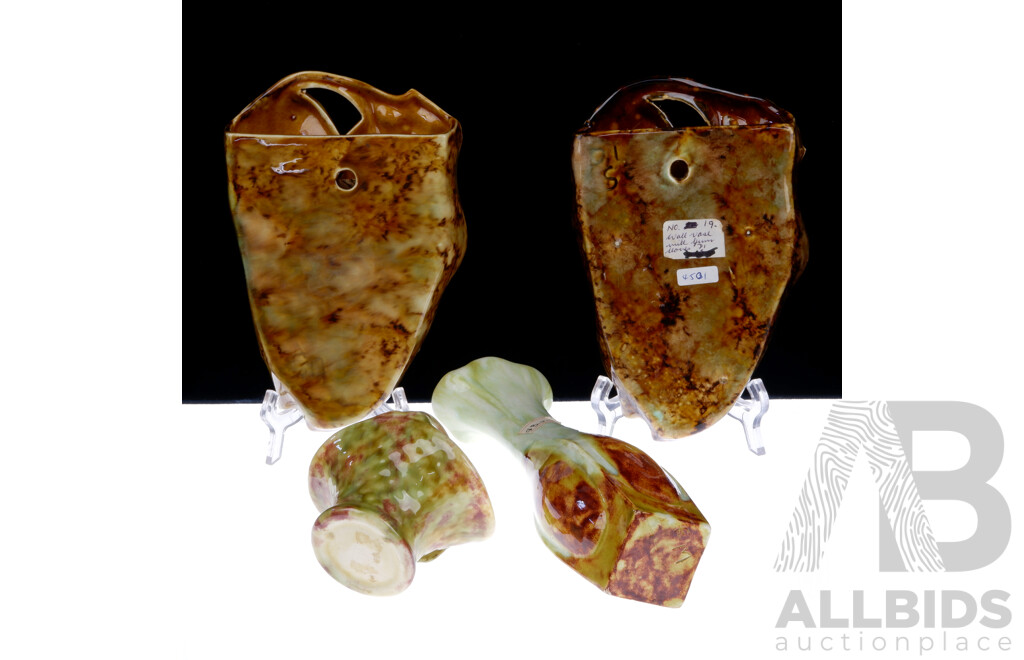 Collection Vintage Australian Pottery Including Pair Gum Leaf Themed Wall Pockets