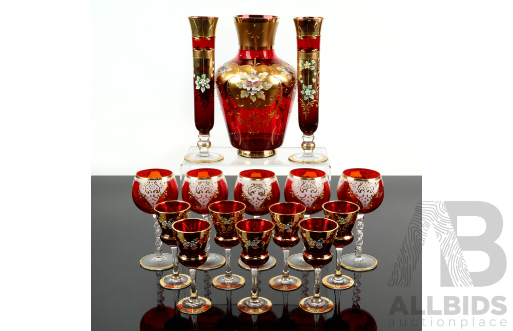 Venetian Glass Drinks Set with Decanter and Hand Applied Decoration