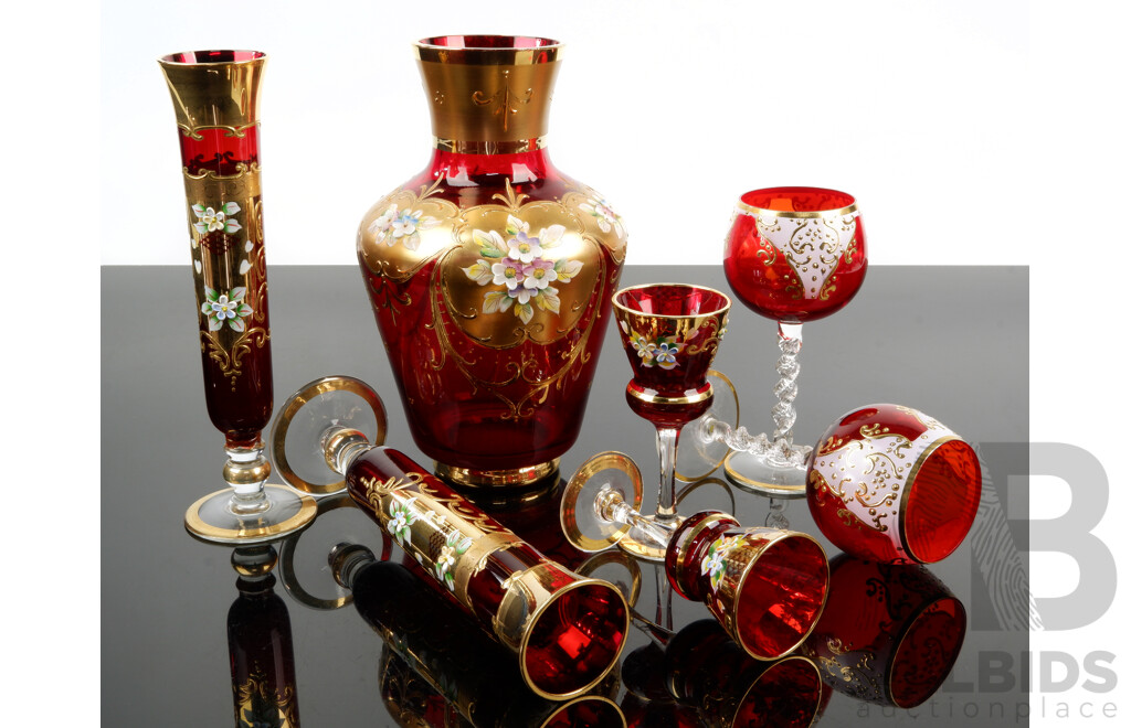 Venetian Glass Drinks Set with Decanter and Hand Applied Decoration