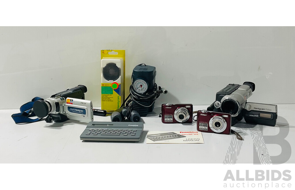 Collection of Digital Cameras Video Cameras and Other Equipment Including Sony Digital Handycam and Sony Handycam Vision with Damaged Screen